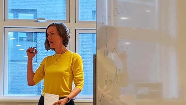 Lykke Pedersen PhD Chief Pharma Officer at Abzu at the whiteboard copy